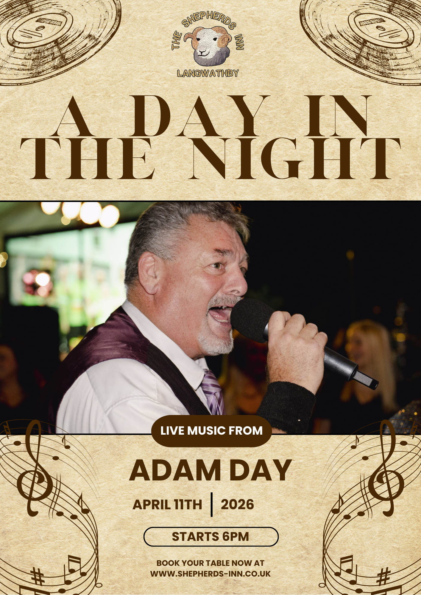 A day in the night - live music from Adam Day - April 11th 2026 - Starts 6pm - Book your table at shepherd-inn.com